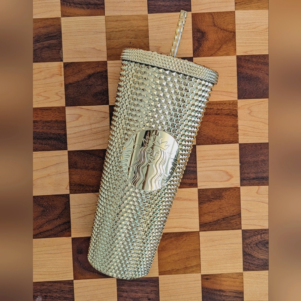 ✨Gold✨Starbucks 2021 Winter Holiday Metallic Chrome Bling Studded Tumbler NWOT